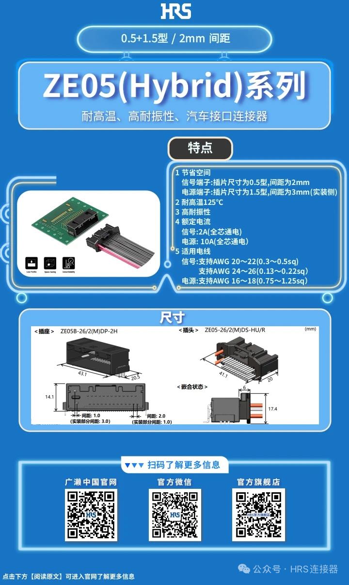 【產(chǎn)品推薦】耐高溫、高耐振性、汽車(chē)接口、電源信號(hào)混合型連接器ZE05系列